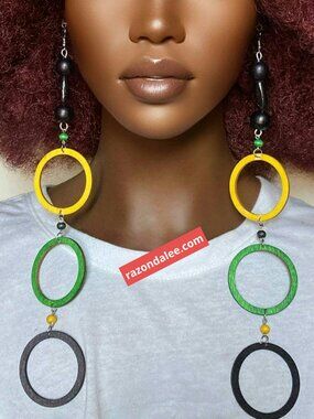Elongated Dangle Earrings Wooden Hoops Jamaican Colors by Razonda Lee